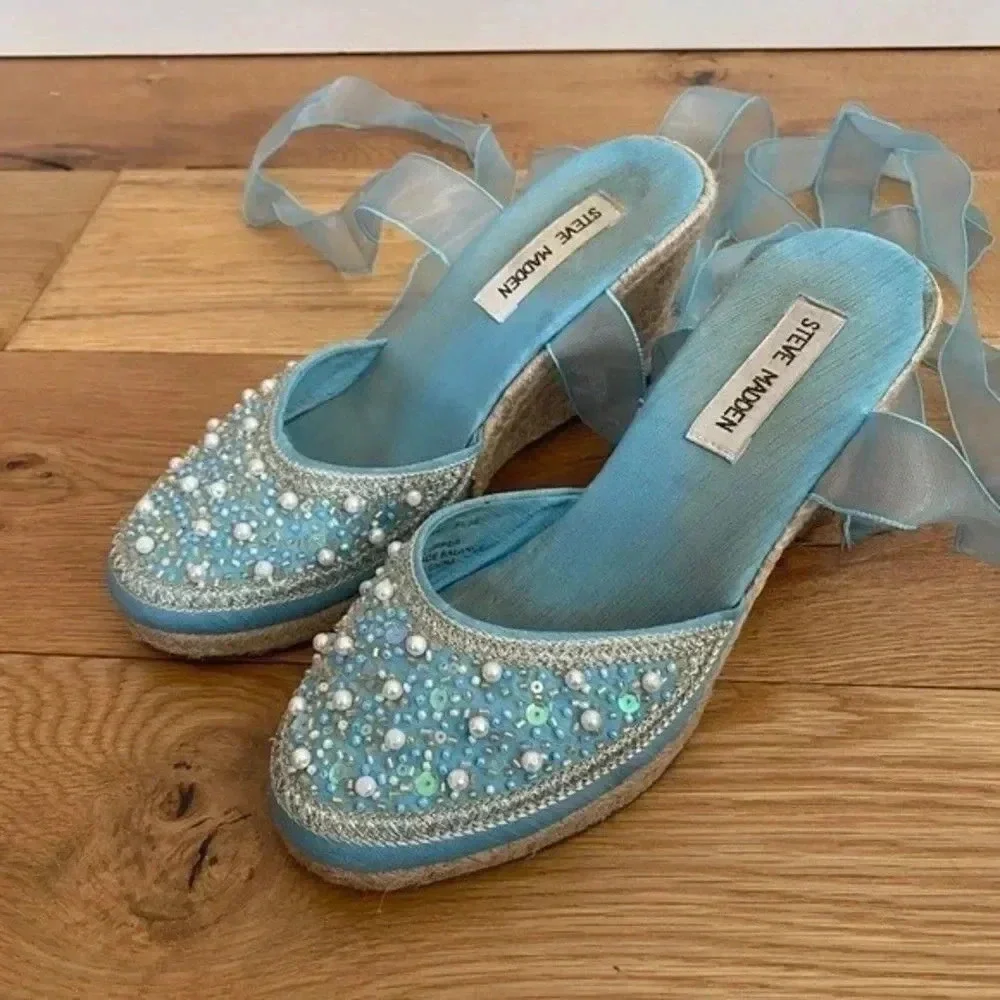 Steve Madden Blue Beaded Espadrilles Tie Up Wedges